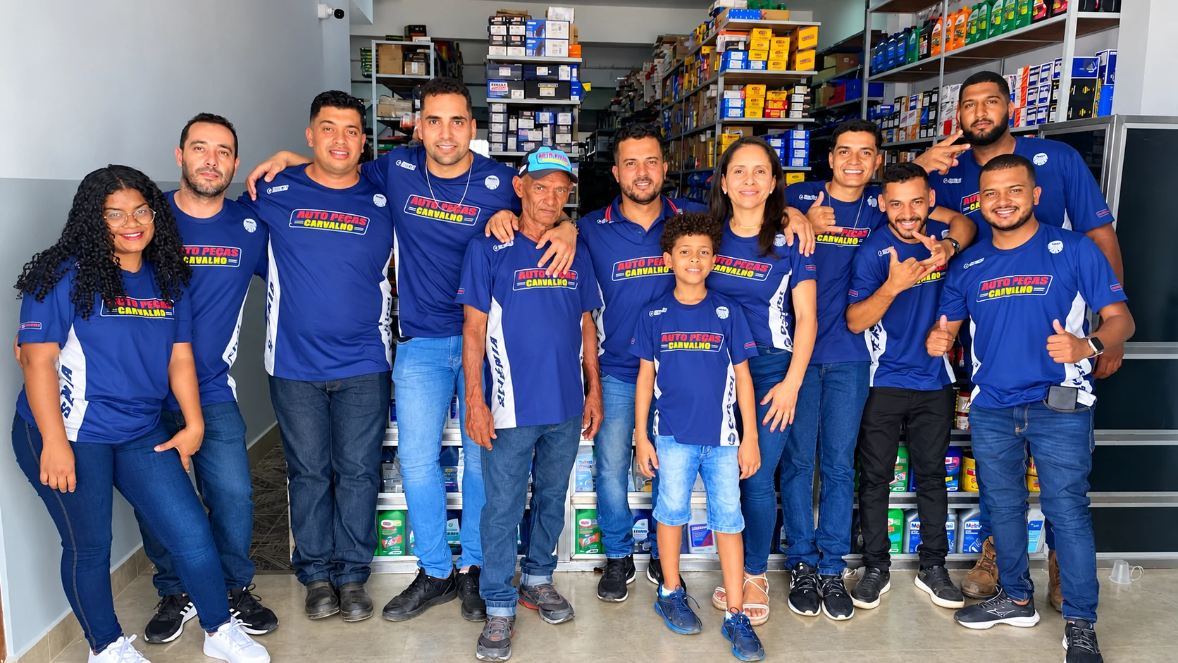 Equipe da Auto Peças Carvalho reunida na loja, com o uniforme da empresa